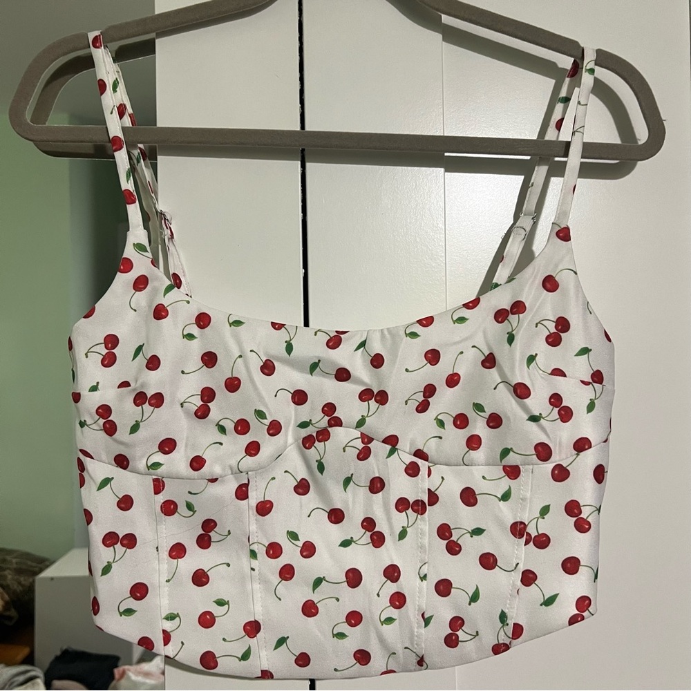 Bershka White Camisole with Cherry Print